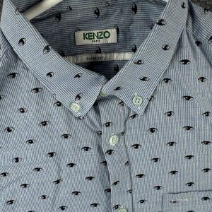 KENZO Paris Button Up Shirt Long Sleeve Blue Striped Eye Print Slim 15.25 (39)